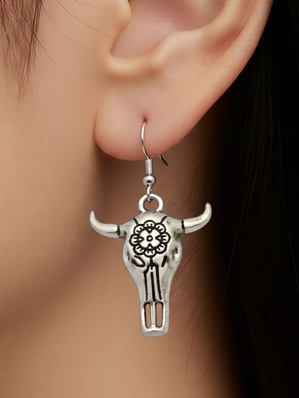 Longhorn Skull Earrings Silver Western Steer Skull Cowgirl Rodeo Dangle Jewelry